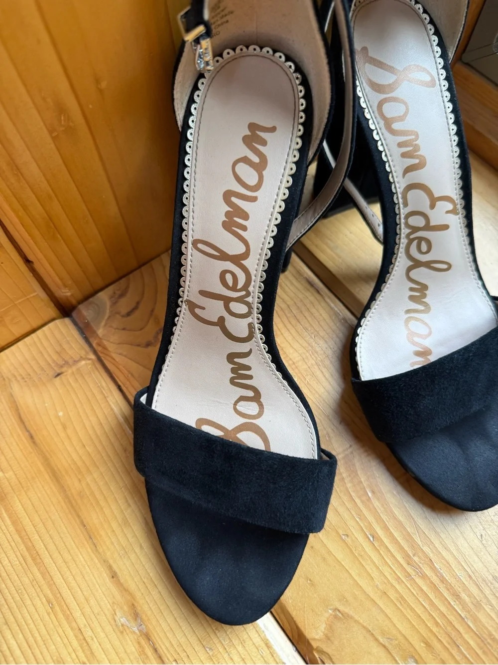 Size 8 Sam Edelman Yaro Black Suede High Heel Sandal Ankle Strap 4 in Block Heel